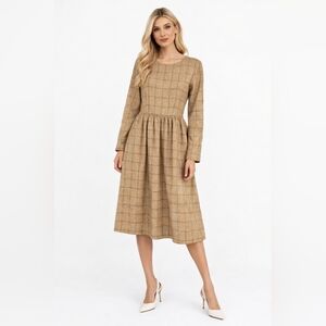 Roolee Plaid Midi Dress Beige Tan Long Sleeve Modern Size M